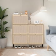 Rattan Shoe Storage Cabinet with 5 Flip Drawers, Freestanding Modern Shoe Storage Cabinet with Metal Handle, Modern Wooden Shoe Rack Storage Cabinet for Entryway, Hallway,Living Room 5 Drawers