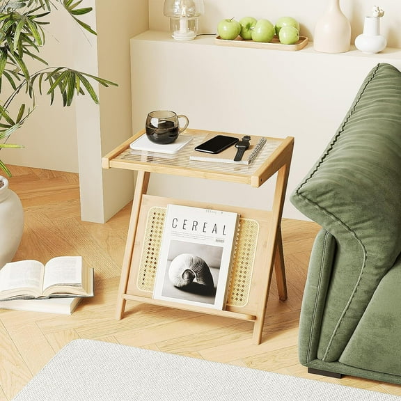 Rattan Side Table Boho Night Stand Glass Bedside Small End Tables Bamboo Bedroom Coffee Table with Storage for Living Room and Outdoor Nature