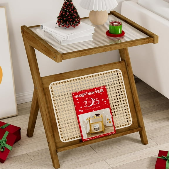 Rattan Side Table Boho NightStand Mid Century Modern End Table Glass Bedside Table Small Bamboo Coffee Table with Storage for Living Room