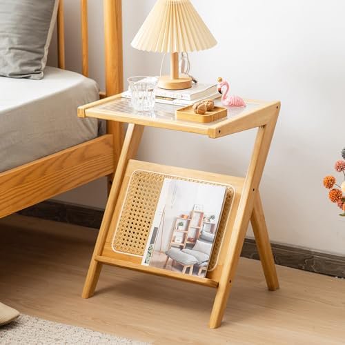 Rattan Side Table, Mid Century Modern Coffee Table with Magazine Rack, Glass Top Boho Nightstand, Bamboo Accent Bedside Table for Bedroom Living Room (1, Natural)