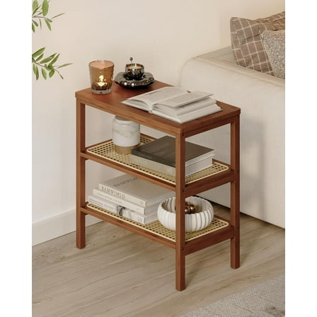 Rattan Side Table Mid Century Modern End Table 3-Tier with Storage Narrow Coffee Table Boho Night Stand Bamboo