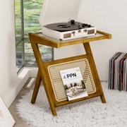 Rattan Side Table Mid Century Modern End Table Glass Bedside Table Small Bamboo Coffee Table with Storage for Living Room Bedroom Brown