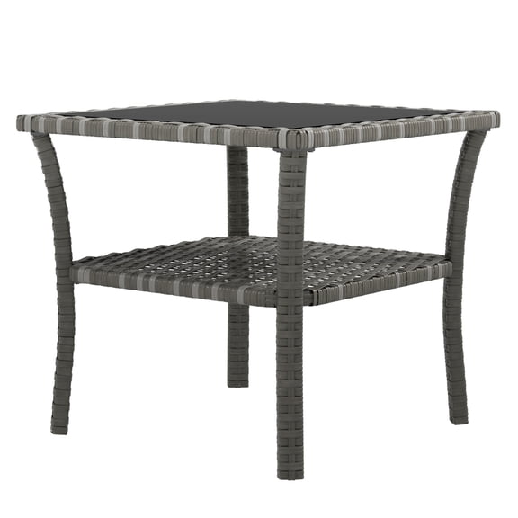 Rattan Side Table Outdoor, Coffee Table with Glass Top & Shelf, Square Patio End Table, Aluminum Frame, Mixed Gray