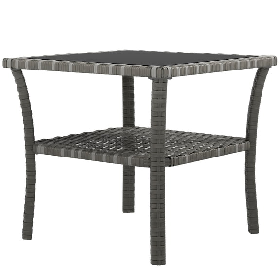 Rattan Side Table, Outdoor End Table with Storage Shelf, Aluminum Frame Square, Coffee Table with Tempered Glass Top, Mixed Gray