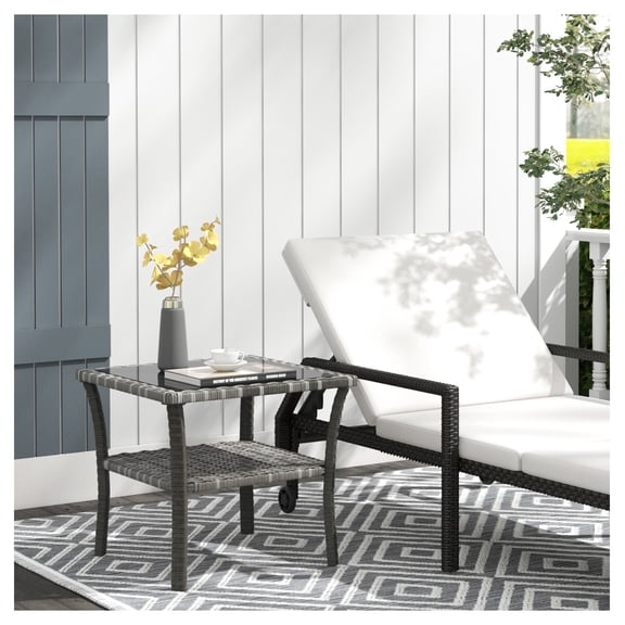 Rattan Side Table Outdoor, Square Coffee Table with Glass Top & Storage, Aluminum Frame Patio End Table, Mixed Gray