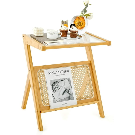 Rattan Side Table, Z-Shaped End Table with Tempered Glass Top, Magazine Rack, Boho Night Stand, Small Coffee Table, Bamboo Accent Bedside Table for Living Room, Bedroom, Natural
