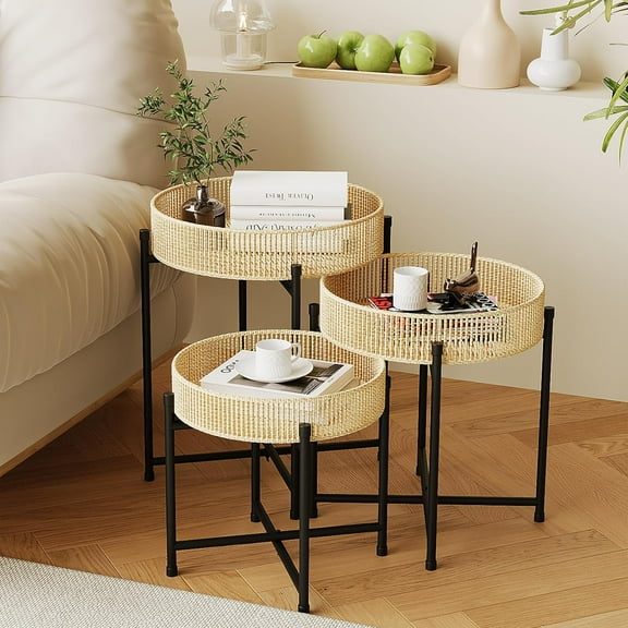 Rattan Side Tables Round Nesting Tables Boho End Tables for Living Room Bedside Tables for Small Spaces Set of 3 Coffee Tables Hand Woven Night Stands with Metal Legs