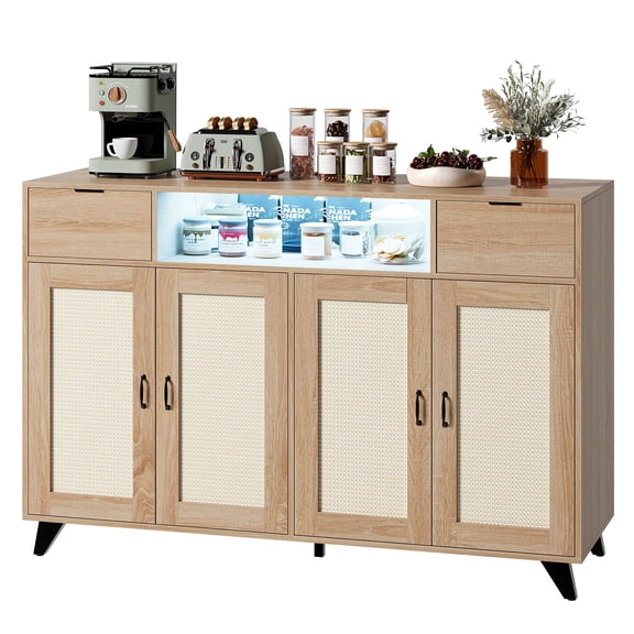Rattan Sideboard Buffet with 2 Drawers, Built-in Power Outlet and LED Lights, 4-Door Boho Style Storage Cabinet for Living Room, Dining Room and Hallway