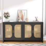 Rattan Sideboard Buffet, Accent Cabinet with Doors, Kitchen Sideboard with Adjustable Shelves, Black