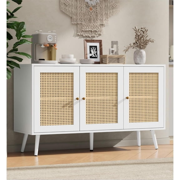 Rattan Sideboard Buffet Cabinet with 3 Doors, Boho Storage Cabinet with Adjustable Shelves, Console Table for Living Room, Dining Room, Entryway, Coffee Bar