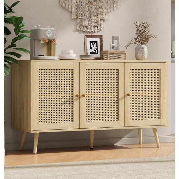 Rattan Sideboard Buffet Cabinet with 3 Doors, Boho Storage Cabinet with Adjustable Shelves, Console Table for Living Room, Dining Room, Entryway, Coffee Bar