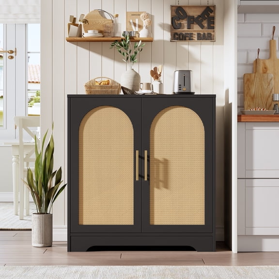 Rattan Sideboard Buffet Cabinet, 30 Inch Modern Storage Cabinet with 4 Doors, Boho Accent Console Table & Coffee Bar for Living Room, Dining Room, Entryway, Black