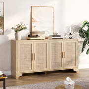 Rattan Sideboard Buffet Cabinet, 62 Inch Storage Cabinet with 4 Doors and Shelves, Modern Farmhouse Accent Table, Wooden Console Table with Storage for Kitchen, Dining Room
