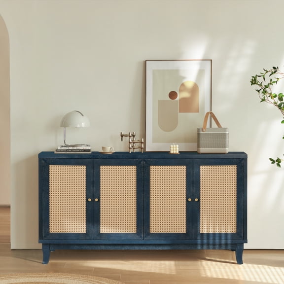 Rattan Sideboard Buffet Cabinet, Accent Storage Cabinet with Handmade Natural Rattan Doors and Adjustable Shelf, Storage Credenzas Console Table for Living Room, Hallway, Kitchen, Blue