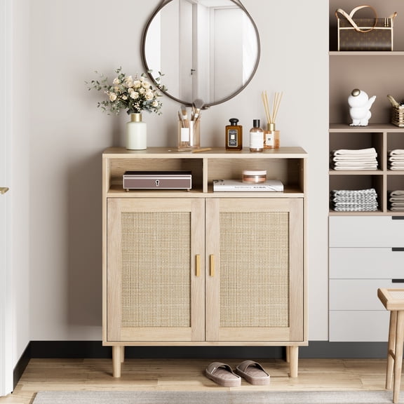 Yiwa Large Storage Modern Sideboard, Rattan MDF Natural Oak, 2 Shelves