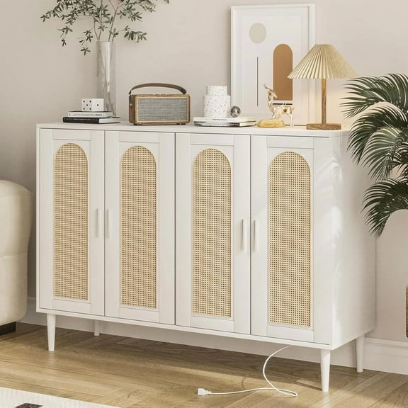 Rattan Sideboard Buffet Cabinet, Boho Accent Storage Cabinet, 4 Doors Console Table Coffee Bar with Power Outlet, Adjustable Shelves for Kitchen, Dining Room, Hallway, Living Room (White_1)