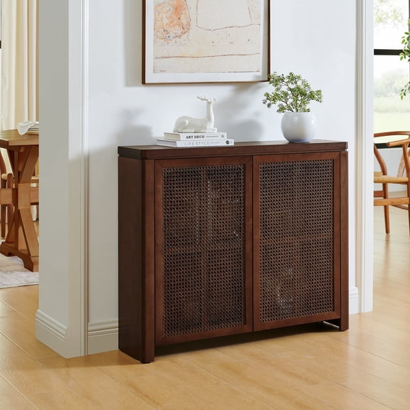 Rattan Sideboard Buffet Cabinet for Dining Room, 39.4-Inch Mid Century Modern Storage Credenza with 2 Outlet Holes, Coffee Bar Wine Bar Cabinet, Walnut Retro Buffet Table for Kitchen, Entryway