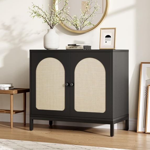 Rattan Sideboard Buffet Cabinet, Entryway Table, 2-Door Boho Sideboard with Arch Carving