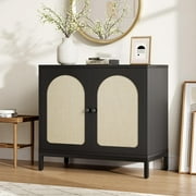 Rattan Sideboard Buffet Cabinet, Entryway Table, 2-Door Boho Sideboard with Arch Carving