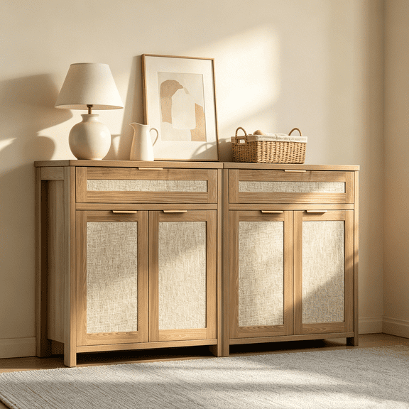 Rattan Sideboard Buffet Cabinet, Farmhouse Storage Cabinet with Adjustable Shelf, Boho Kitchen Buffet with Drawer, for Dining, Kitchen, Entryway, Living Room, Wood
