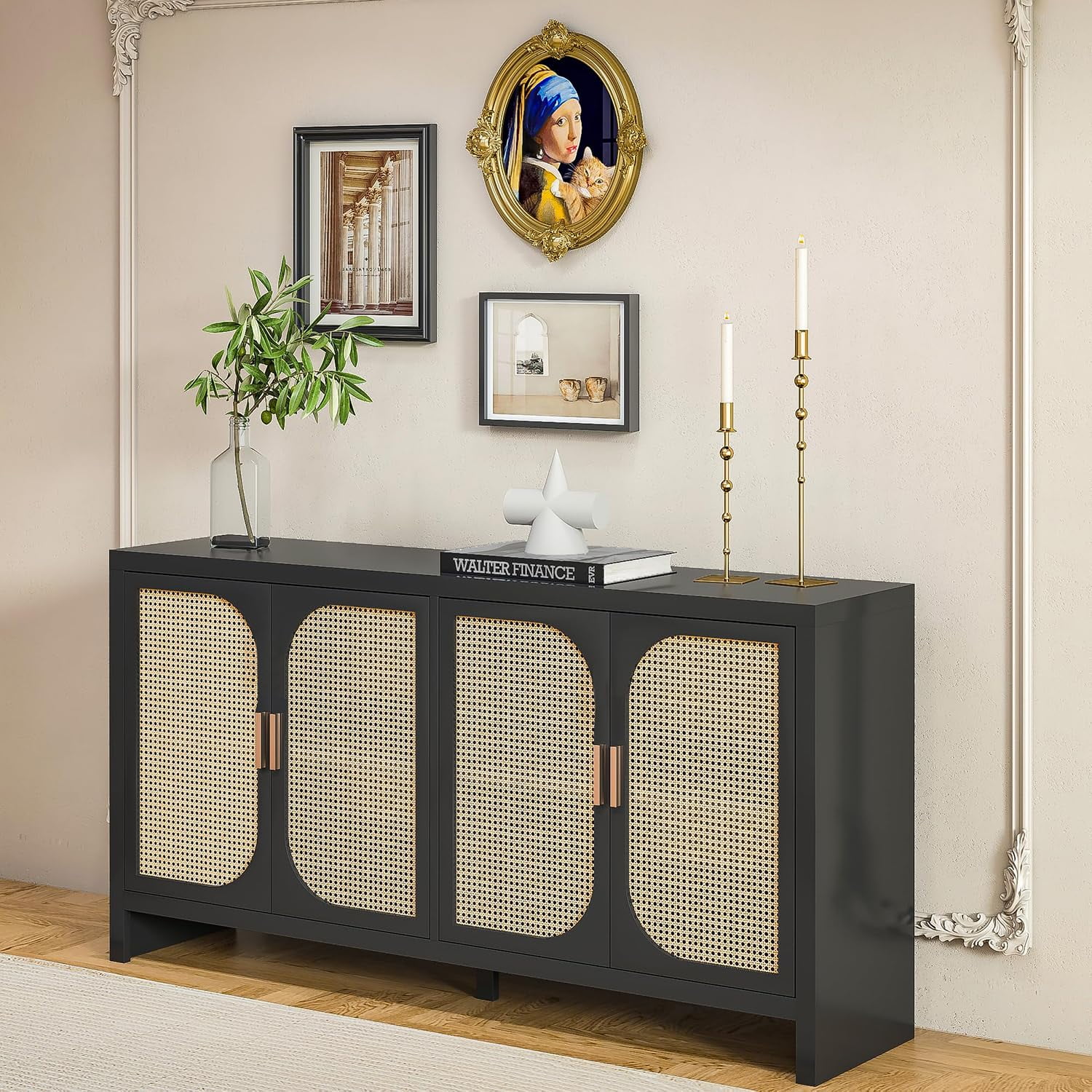 Black Wood Sideboard with Rattan Doors and Shelves
