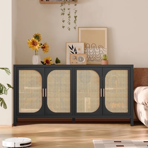 Rattan Sideboard Buffet Cabinet Kitchen Storage Cabinet, Adjustable Shelves, Black