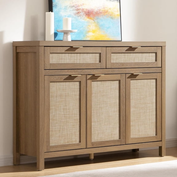 Rattan Sideboard Buffet Cabinet with Storage, Boho Credenza Accent Cabinet with 3 Doors and 2 Drawers, Farmhouse Console Coffee Bar for Kitchen, Living Room, and Entryway, Caramel Oak