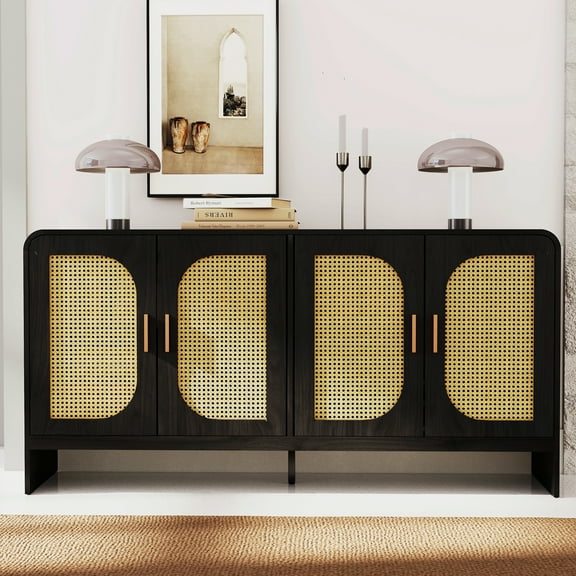 Rattan Sideboard Buffet Cabinet with Storage, Accent Buffet Cabinet with 4 Doors, Console Table for Kitchen, Living Room, Black