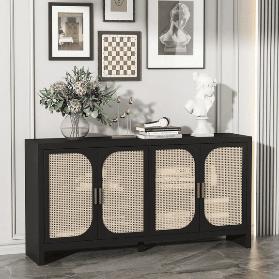 Rattan Sideboard Buffet Cabinet with Storage, Accent Cabinet with Adjustable Shelf, Dining Room