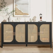 Rattan Sideboard Buffet Cabinet with Storage, Wooden Cabinet with 4 Doors, Kitchen Console Table