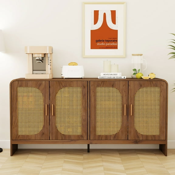 Rattan Sideboard with Doors, Buffet Storage Cabinet with Adjustable Shelves, Modern Console Table for Kitchen, Living Room, Entryway
