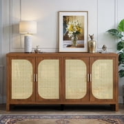 Rattan Sideboard Buffet Cabinet with Storage, Wooden Cabinet with 4 Doors, Kitchen Console Table