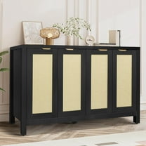 Rattan Sideboard Buffet Credenza Cabinet - Large Farmhouse Kitchen Coffee Bar Cabinet with 4 Rattan Door Storage for Entryway Living Room, 55" x 15" x 31.5" (Black)