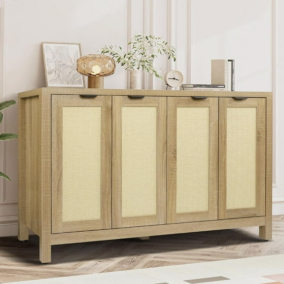 Rattan Sideboard Buffet Credenza Cabinet - Large Farmhouse Kitchen Coffee Bar Cabinet with 4 Rattan Door Storage for Entryway Living Room, 55" x 15" x 31.5" (Natural)