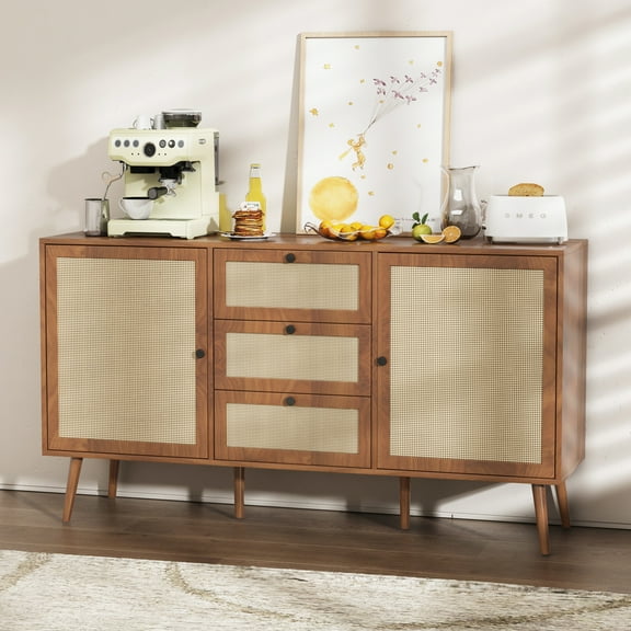 Rattan Sideboard with 3 Drawers and 2 Doors, Rattan Buffet Sideboard Cabinet, Cabinet with Storage