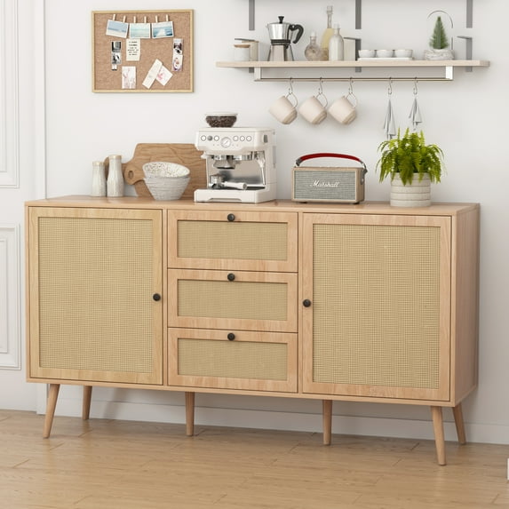 Rattan Sideboard with 3 Drawers and 2 Doors, Rattan Buffet Sideboard Cabinet, Cabinet with Storage