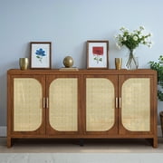 Rattan Sideboard with Storage, Buffet Cabinet with 4 Doors, TV Console with Adjustable Shelves for Living Room, Kitchen, Entryway