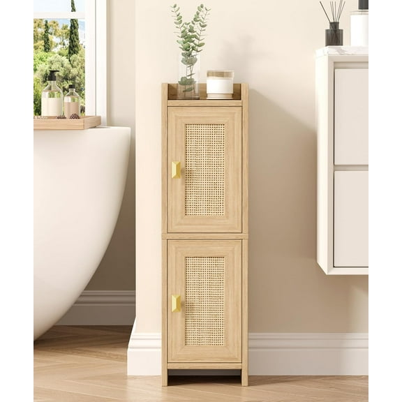 Rattan Small Bathroom Cabinet with 2 Doors, Narrow Toilet Paper Storage Cabinet, Bathroom Organizer for Small Spaces, Wooden Slim Corner Floor Unit with Adjustable Shelves, Natural Oak