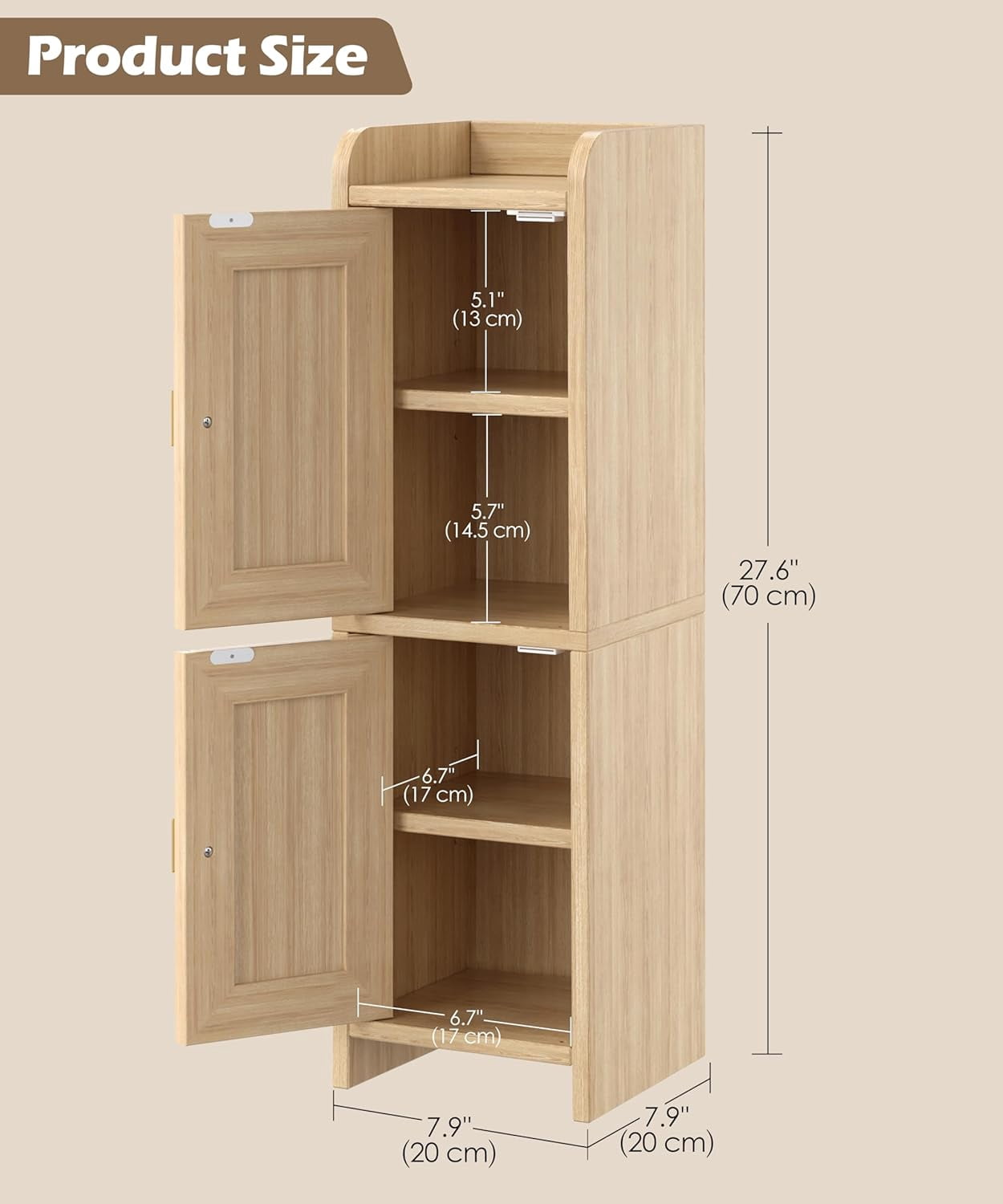 Rattan Small Bathroom Cabinet with 2 , 7.9''D x 7.9''W Narrow Toilet Paper Storage, Wooden Slim Corner Unit with Adjustable Shelf, Natural Oak