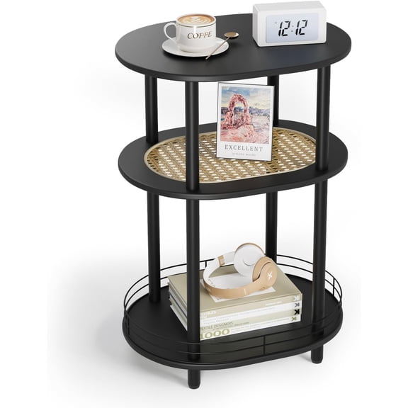 Rattan Small Round Side Table, Boho Nightstand with Storage Basket, 3-Tier End Table, Narrow Accent Table, Modern Bedside Table for Bedroom, Living Room-Black