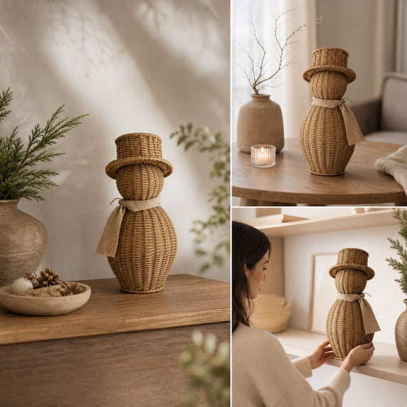 Rattan Snowman Figurine Decor, Hand Woven Imitation Wicker Snowman Statue With Top Hat and Scarf, Christmas Decorations for Living Room Entryway Decor, L