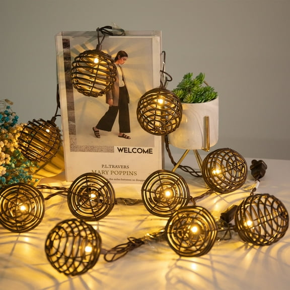 Rattan Solar Lantern Decorative String Lights, Rattan Plaited Articles 10 LED Brown Rattan Patio String Lights for Garden, Holiday, Yard