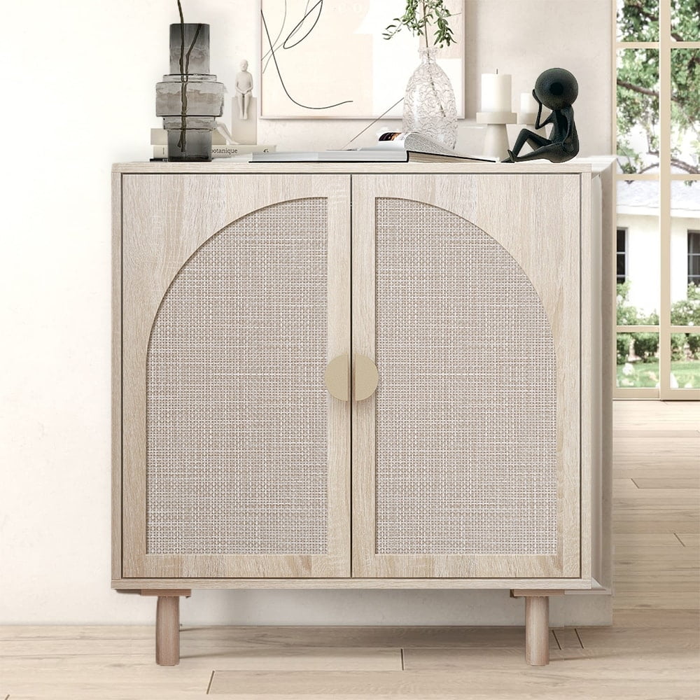Natural Pine and Rattan Storage Cabinet with Adjustable Shelves