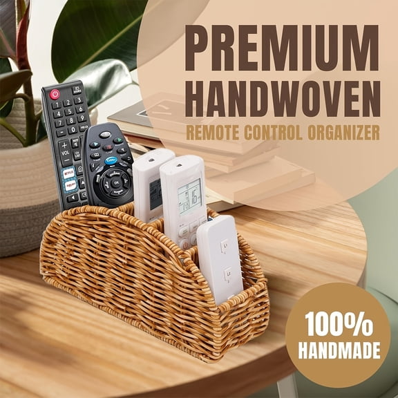 Rattan Storage Basket, Desk Caddy Organizer, Remote Holder for Table, Desk Pen Holder, 9X4.5X3 Inch Divided Faux Woven Storage Basket for Home Desktop Tv Remotes Office Pens and