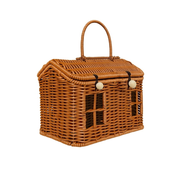 Rattan Storage Basket House-shaped Basket With A Lid And Folding Handle Perfect For Picnics Easter Tidying Up Handcrafted Gift Light Brown