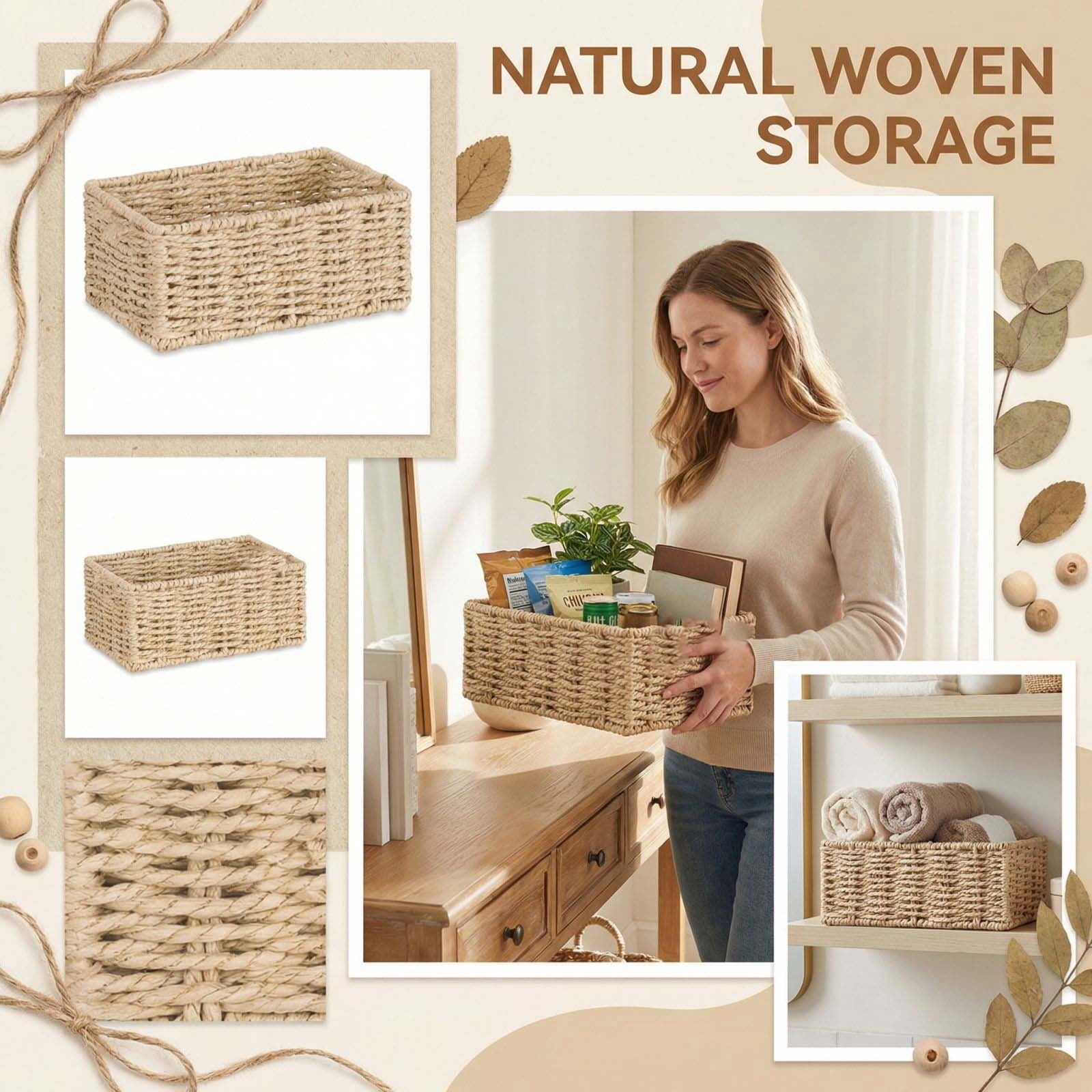 Rattan Storage Basket Lid Paper Rope Desktop Organizer Wicker Basket for Bedroom Sundries Organizer Stylish Woven Box