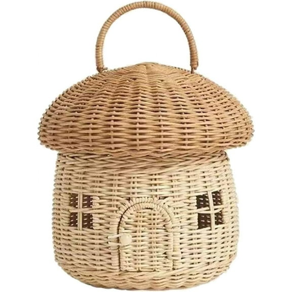 Rattan Storage Basket Mushroom Shaped Woven Basket with Lid, Decorative Woven Handle Basket Fruit Basket, Bathroom Shelf Organizer for Kids Room Living Room Decoration(Mushroom)