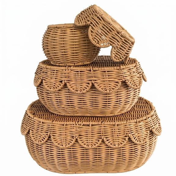 Rattan Storage Basket Set of 3 with Lids - Handwoven Wicker Baskets for Nursery, Bathroom, Clothes & Toy Organization (S, M, L)