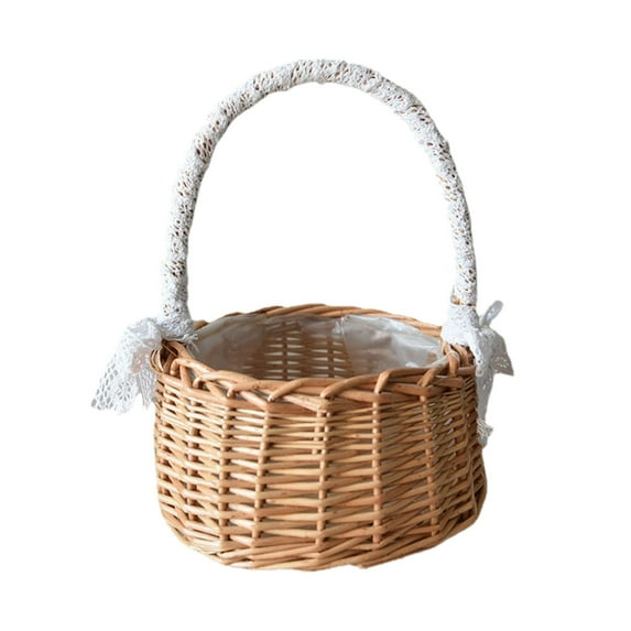 Rattan Storage Basket with Handles Lace Bow Decor Wedding Flower Girl Gifts indoor and outdoor Flower Pot Plant Holder , M M