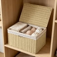 thumbnail image 1 of Rattan Storage Basket with Lid and Removable Liner Stackable Wicker Organizer Bin for Shelves Closets Bathroom Bedroom Kitchen Home Organization, 1 of 6